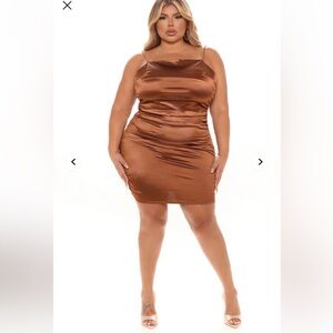 Fashion Nova Copper Satin Ruched Dress